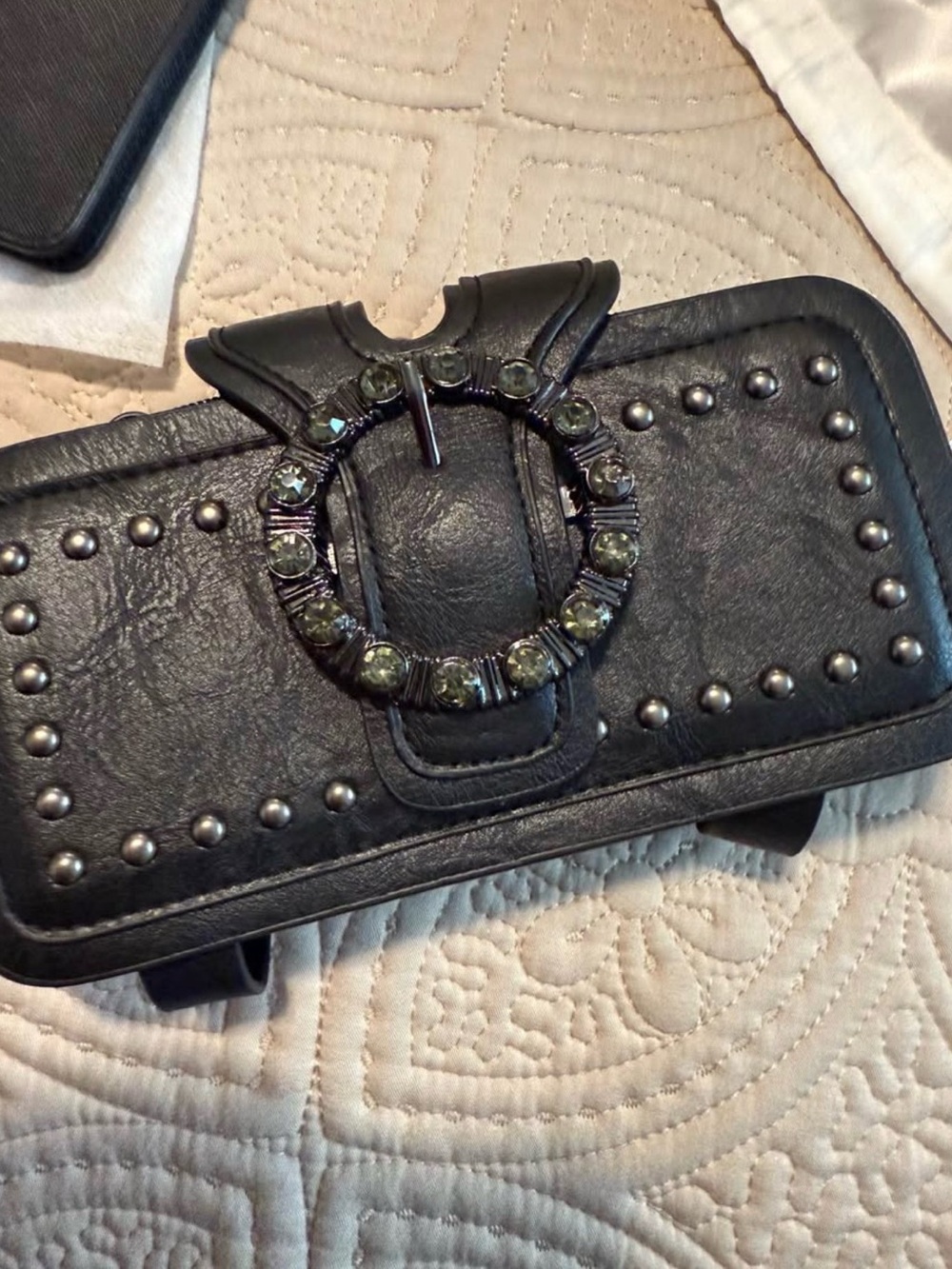 Black Rhinestone Studded Phone Belt Case - Unbranded